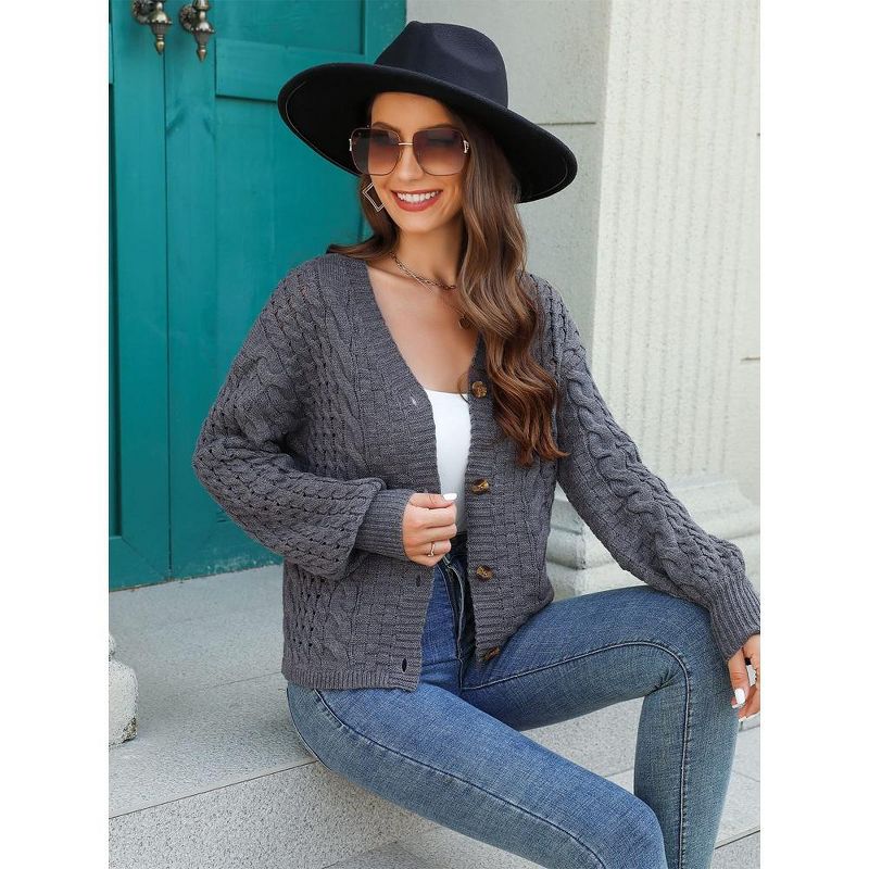 Womens Chunky Knit Cardigan Sweater Open Front Long Sleeve Button Hollow Waffle Knit Sweater Coat Solid Spring/Fall Outfits, 3 of 8