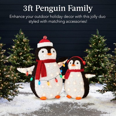 Lighted 3ft Pop-Up Penguin Family with Red Accessories