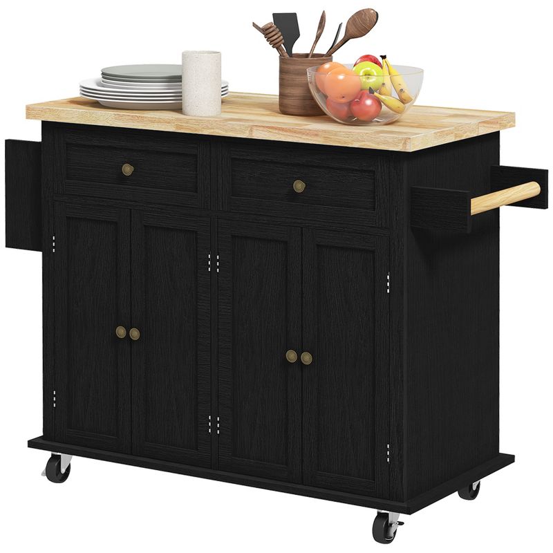 HOMCOM Kitchen Island on Wheels, Rolling Cart with Rubber Wood Top, Spice Rack, Towel Rack & Drawers for Dining Room, Distressed Black, 4 of 7