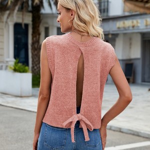 Womens Summer Sweater Vest Top Casual Crop Knit Cardigan Vest Bow Tie Back Knitted Sleeveless Round Neck Tank Tops - 1 of 4