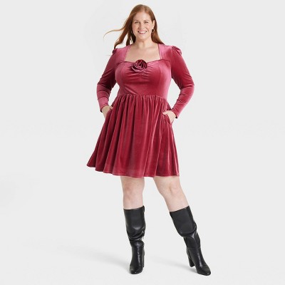 Women's Holiday Long Sleeve Rosette Midi A-Line Dress - Ava & Viv