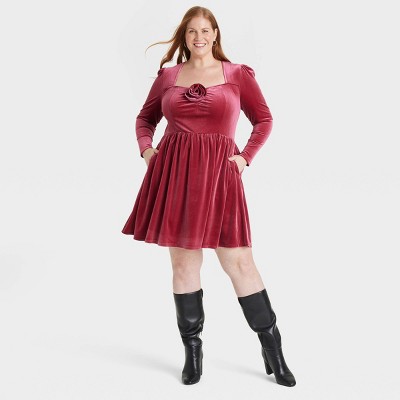 Women's Holiday Long Sleeve Rosette Midi A-Line Dress - Ava & Viv™ Cherry Red 1X