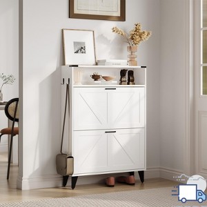 Jojoka Farmhouse Style Slim Shoe Storage Cabinet with Flip Drawers, Adjustable Compartments, and Sturdy Metal Legs - 1 of 4