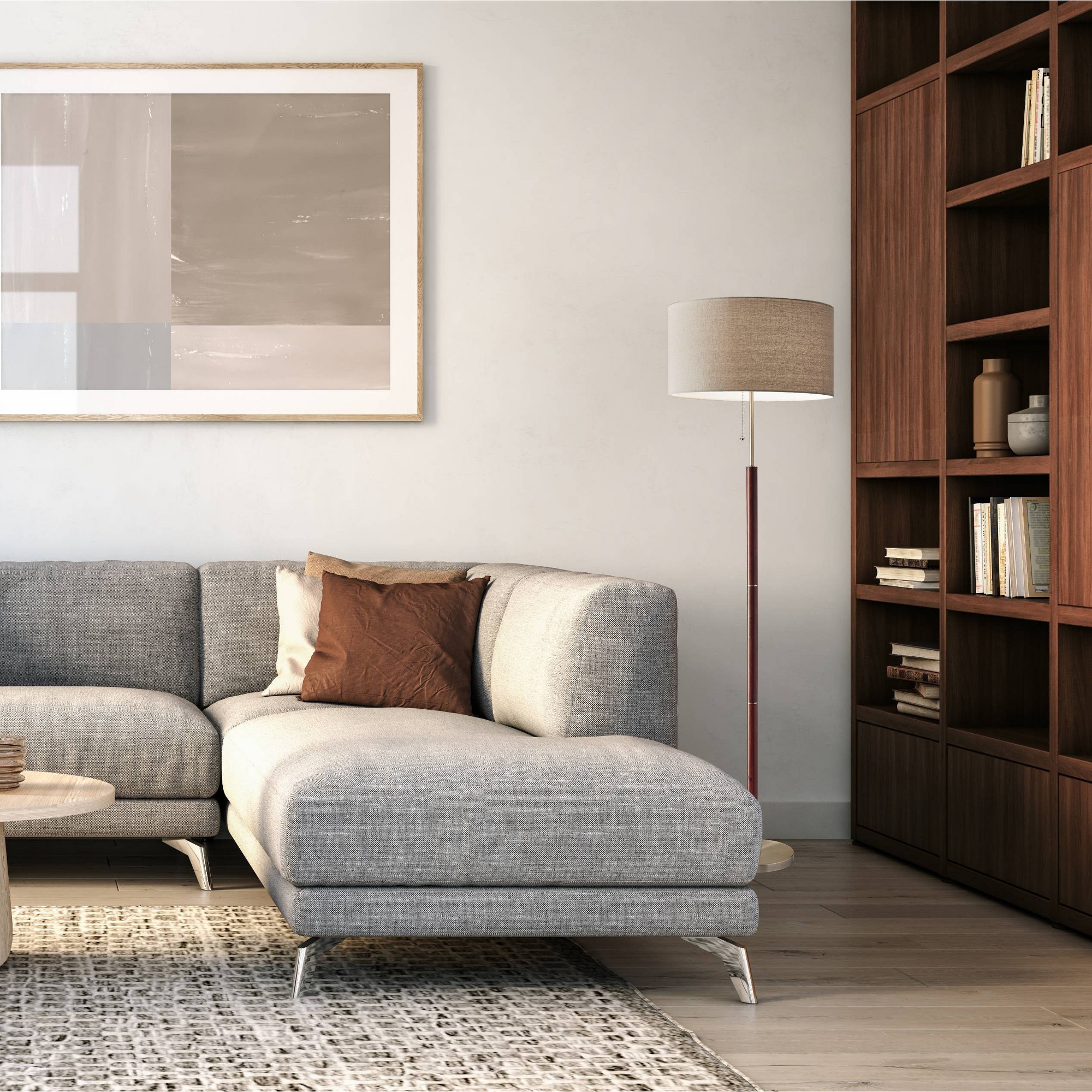 65.5" Hamilton Floor Lamp Brown - Adesso: Mid-Century Modern, Walnut Wood, Brass Finish, Linen Shade