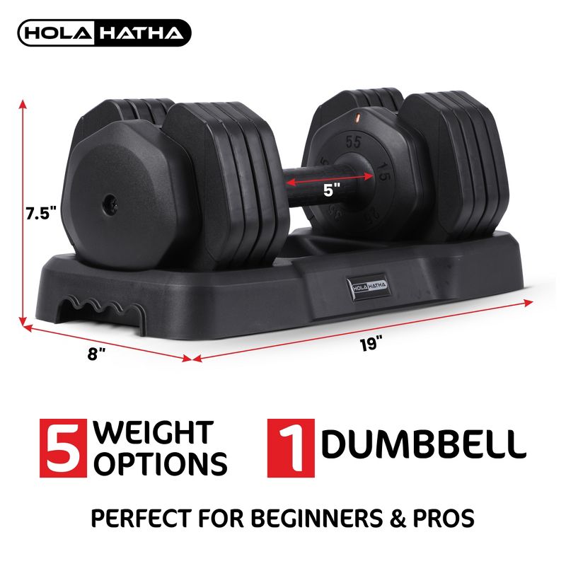 HolaHatha 5-in-1 Adjustable 15 to 55 Pound Dumbbell Free Weight Equipment w/Storage Tray & Double Locking System for Home Gym Fitness Workout, Single, 6 of 8