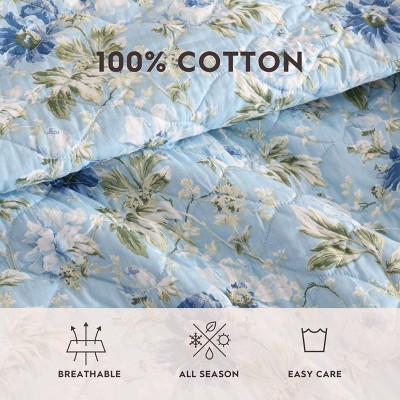 King Blue Cotton Reversible Floral Quilt Set