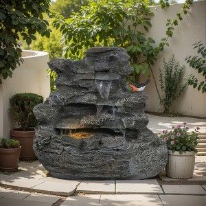 Christopher Knight Home Fina Modern 4-Tiered Outdoor Concrete Rock Waterfall Fountain with LED Light - 1 of 4