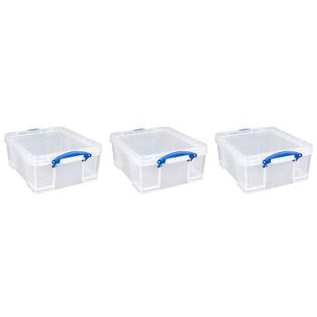 Really Useful Box 17 Liter Plastic Stackable Storage Container w/ Snap Lid & Built-In Clip Lock Handles for Home & Office Organization, Clear (3 Pack)