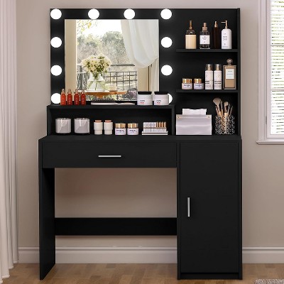 USIKEY Makeup Vanity Desk with Mirror and Lights, 3 Color Modes & Adjustable Brightness, Dressing Table Set for Bedroom