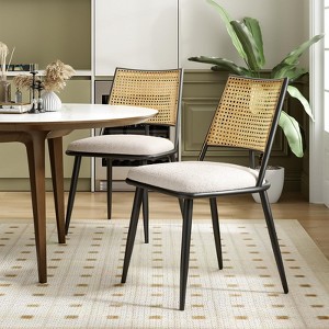 Sapphtopaz Mid-Century Modern Dining Chairs Set of 2, Boucle Upholstered Kitchen Chairs with Rattan Backrest & Metal Frame - 1 of 4