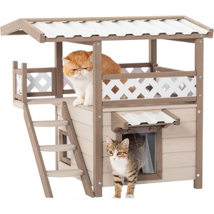 Outdoor Cat House, Feral Cat House with PVC Roof 2 Story Wooden Cat Shelter with Climbing Ladder for Multi Cats-Cream - 1 of 4