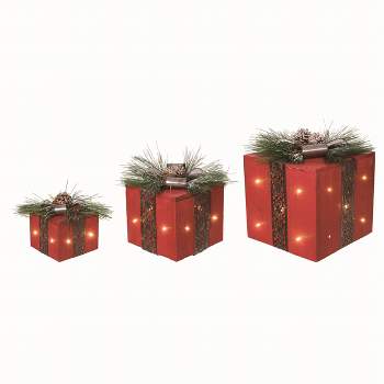 Transpac Wood Red Christmas Light Up Crimson Present Boxes Set of 3