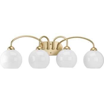 Progress Lighting Carisa 4-Light Bath Wall Light, Vintage Gold, White Glass Globes