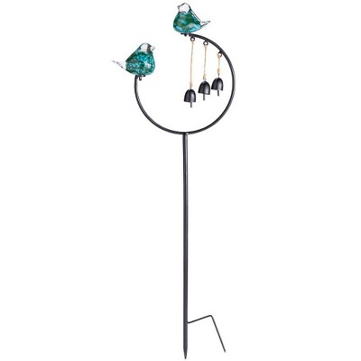 Wind & Weather Metal Garden Stake with Two Blown-Glass Birds and Three Bells