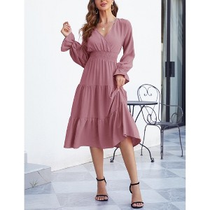 Women's Casual Wrap V Neck Midi Dress Long Sleeve Smocked Waist Tiered A Line Pleated Flowy Long Dress - 1 of 4