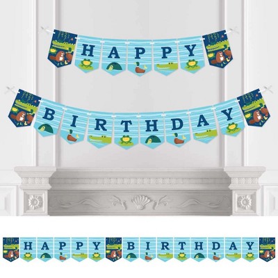 Big Dot of Happiness Pond Pals - Frog, Alligator, Turtle, Beaver and Duck Birthday Party Bunting Banner - Birthday Party Decorations - Happy Birthday