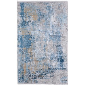 Blue Gold and Gray Abstract Power Loom Area Rug With Fringe - 1 of 4