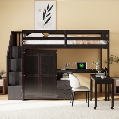 VYNXARIA Twin Size Loft Bed with Stairs, Bookshelf, Drawers, Desk & Wardrobe - Space-Saving Espresso