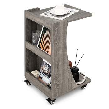 Costway Side Table with Rolling Casters Mobile C-shaped End Table with 2-Tier Open Storage Shelf &2 Back Storage Compartments Brown/Grey