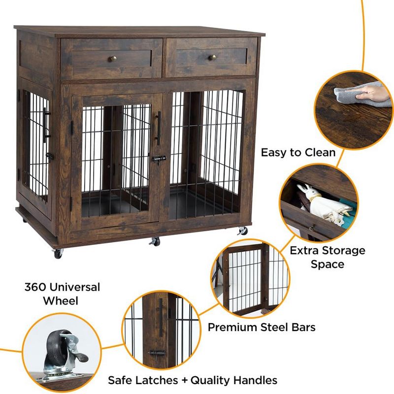 Dog Crate Furniture, Wooden Dog Kennel with Room Divider and Tray, Double Rooms Dog Cage, Wooden Dog Crate Table with 2 Drawers End Table, 3 of 8