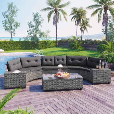 Whisen Outdoor Wicker Round Sofa Set, Half-Moon Sectional Sets All Weather, Curved Sofa Set With Rectangular Coffee Table