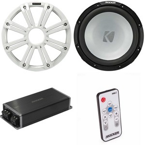 Kicker Marine KPX500.1 Powersports Amp & 12" 4 Ohm ( White Grill ) Subwoofer Audio Upgrade, Includes LED Remote - 1 of 4