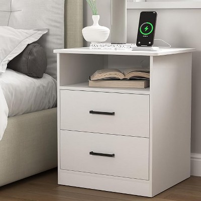 CIPACHO White Wooden Night Stand with Charger Station USB-C AC Ports 2 Drawers Open Storage