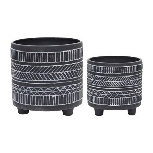 Gulches 2 Piece Ceramic Aztec Planters w/ Saucers, Sizes 4.5x4.5x4.5" & 6x6x5.75" - Perfect for Hall, Bedroom, Florist etc. - 1 of 4