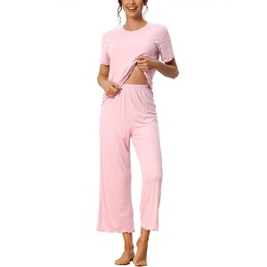 cheibear Women's Sleepwear Round Neck Soft Knit Short Sleeve Shirt with Pants Capri Pajamas Set - 1 of 4