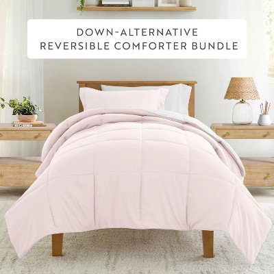 Becky Cameron Dorm Room College Essentials Bedding Bundle with Reversible Comforter, Mattress Pad & Pillows, Twin XL - Becky Cameron - Blush — фото 2
