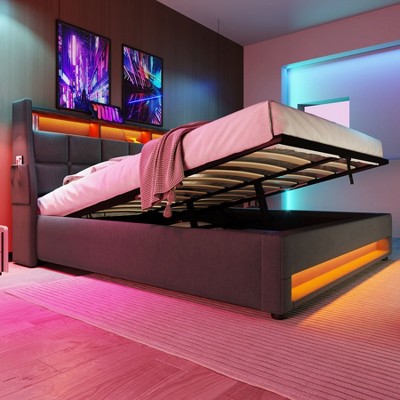 NicBex Queen Lift Up Storage Bed with LED Lights and USB Charging,Upholstered Bed Frame with Hydraulic Storage System,No Box Spring Needed,Gray
