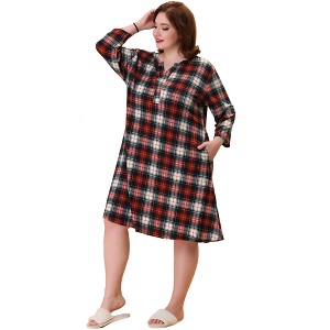 Agnes Orinda Women's Plus Size Comfortable Plaid V-Neck Lounge Nightgowns - 1 of 4
