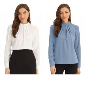 INSPIRE CHIC Women's Business Casual Stand Collar Chiffon Long Sleeve Blouse 2 Packs - 1 of 4