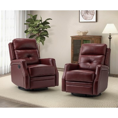 Set of 2 Basilio 28.74" Wide Tufted Wooden Upholstery Genuine Leather Swivel Rocker Recliner with Nailhead Trims | ARTFUL LIVING DESIGN