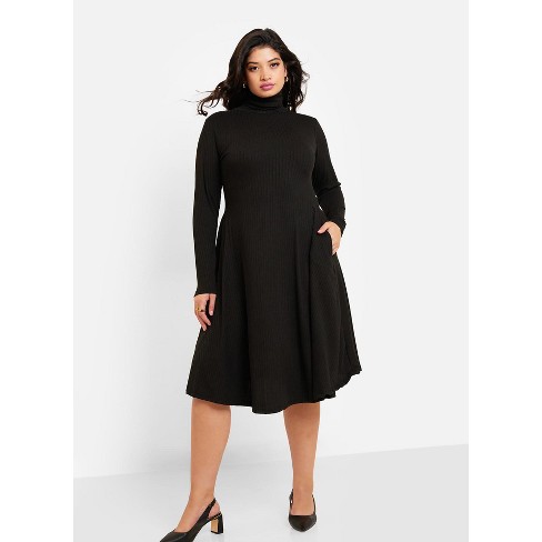 Black Turtle Neck Skater Midi Dress with Keyhole