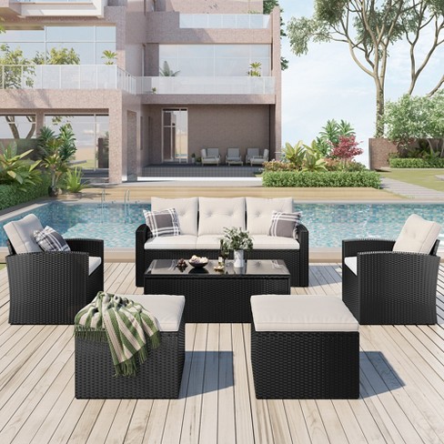 6 piece Patio Pe Rattan Conversation Set With Storage Coffee Table Beige modernluxe Target