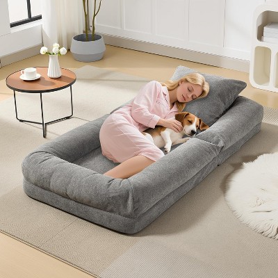 5-Position Adjustable Lazy Sofa Bed, Upholstered Human Dog Bed for Adult & Pets, Foldable Floor Lounger Chair, for Bedroom, Living Room