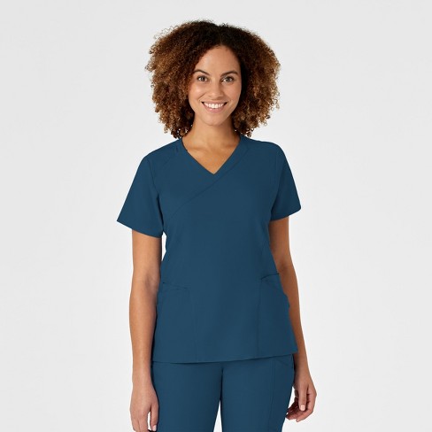 Wink Women's Mock Wrap Scrub Top, Caribbean Blue, L : Target