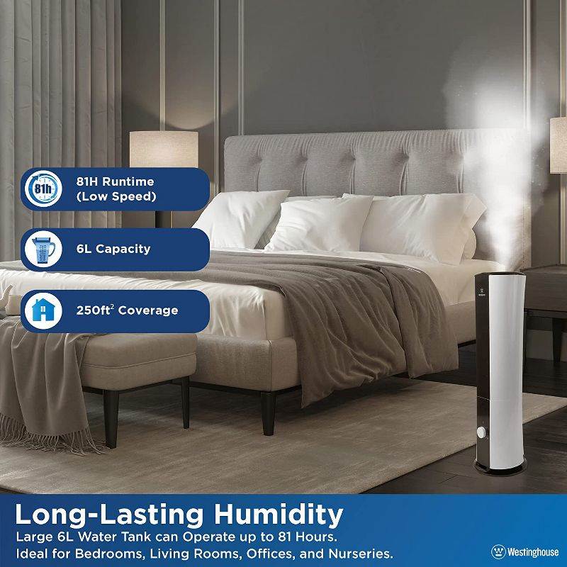 Westinghouse 28-inch Cool Mist Ultrasonic Tower Humidifier, 6L Top Fill Air Humidifier and Essential Oil Diffuser, Adjustable Mist for Large Bedrooms, 5 of 10