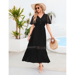 Coolmee Women's Short Sleeve Maxi Dress V Neck High Waist Lace Dress Casual Flowy A Line Beach Dress - 1 of 4