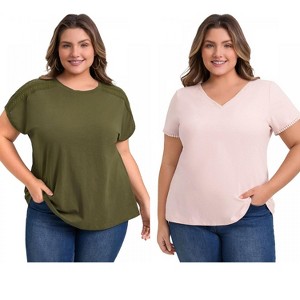 GRACE & GRANDEUR Women's Plus Size 2 Pcs Set Short Sleeve Tops Crochet Trim Dressy Loose Blouses - 1 of 4