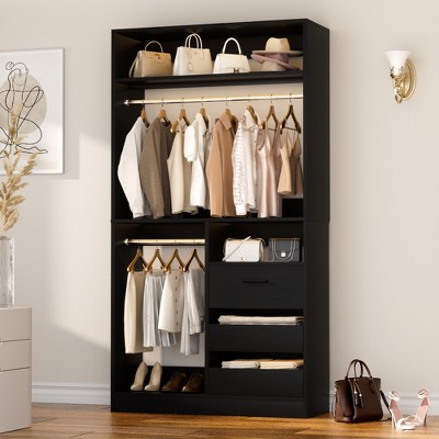 Aheaplus 36'' W Freestanding Walk-in Closet Organizer System with 2 Hanging Rods and 3 Wood Drawers