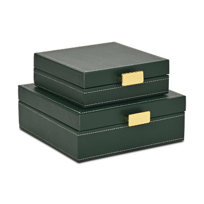 Cheung's Lithos Vintage Square Style Set of 2 Boxes with Stitched Accents & Gold Handles - Green