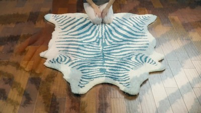 Handmade Turquoise and White Zebra Stripe Faux Fur Rug