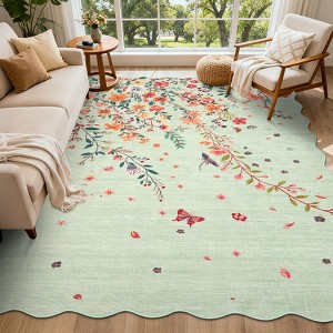 Modern Washable Area Rug, Soft Floral Floor Carpet with Non Slip Backing, Low Pile Stain Resistant Foldable Floor Mat for Living Room, Black - 1 of 4
