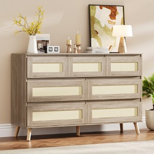 7 Chest of Drawers, Rattan Drawer Dresser, Wood Storage Dresser Cabinet for Bedroom, Living Room, Hallway, Natural - 1 of 4