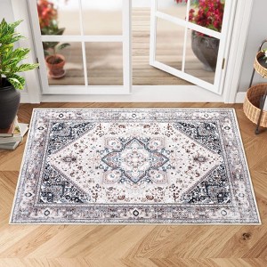Vintage Washable Floral Area Rug: Non-Slip Distressed Oriental Carpet with Medallion – Low-Pile Accent Floor Mat for Living Room, Laundry Room - 1 of 4