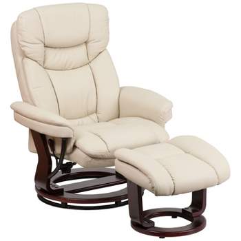 Emma and Oliver Multi-Position Recliner & Curved Ottoman with Swivel Wood Base