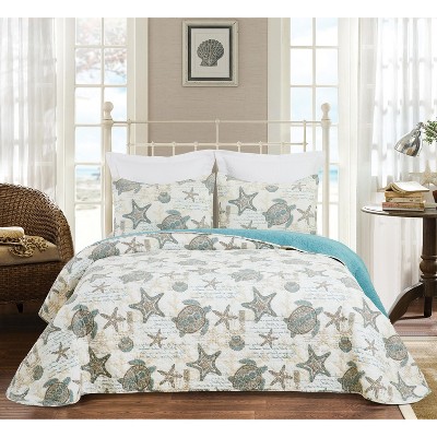 Amber Sands Coastal Blue Cotton Reversible Quilt Set