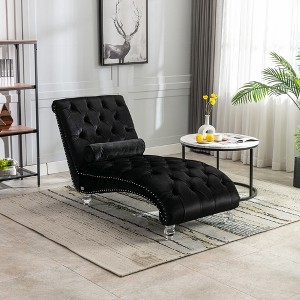 MOONMISS Velvet Chaise Lounge Indoor,Button-Tufted Upholstered Chaise Lounge Chair with Pillow for Bedroom Living Room Office - 1 of 4